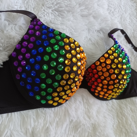 Gay Pride Rainbow Black Bra with Rhinestones - Picture 2 of 3